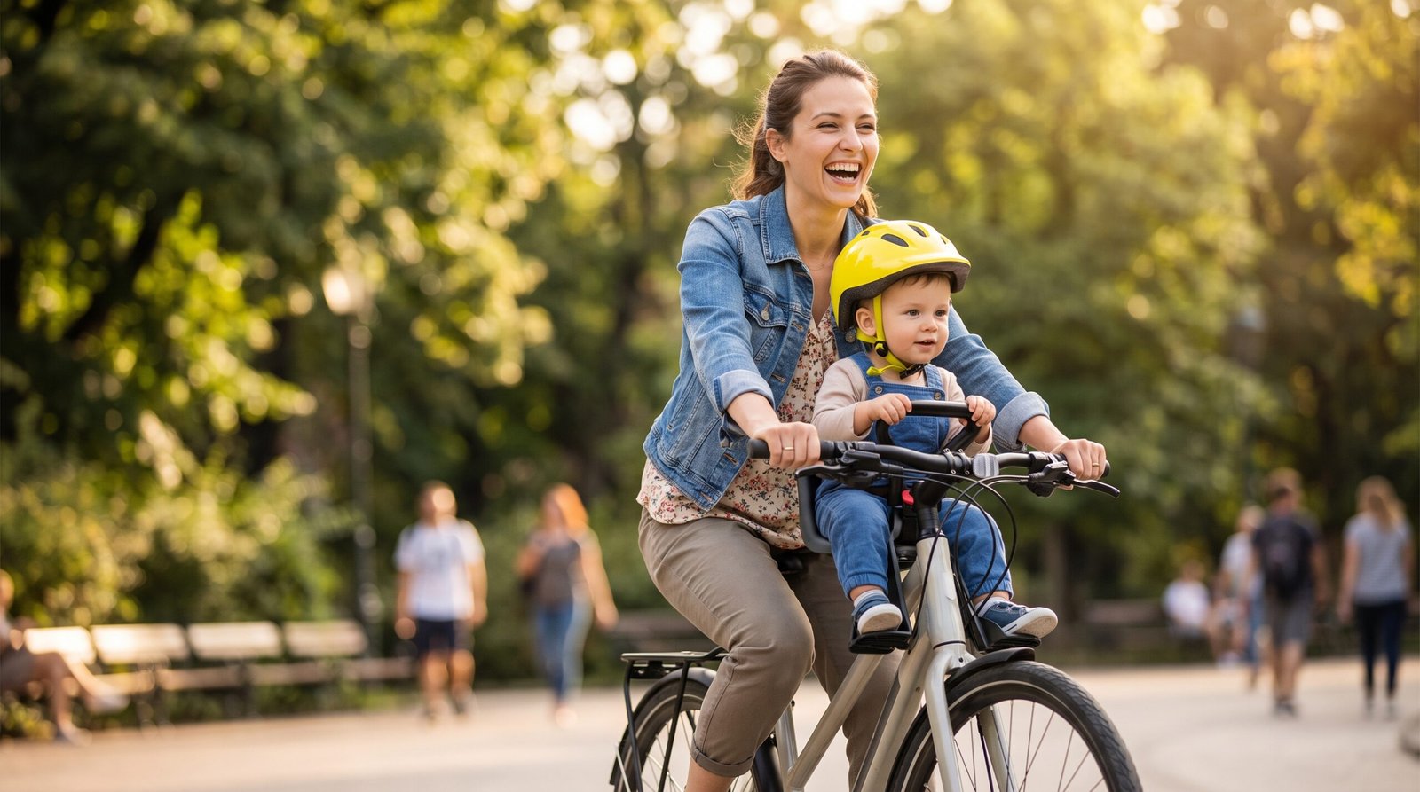 parent cycling with child in front mount child bike seat