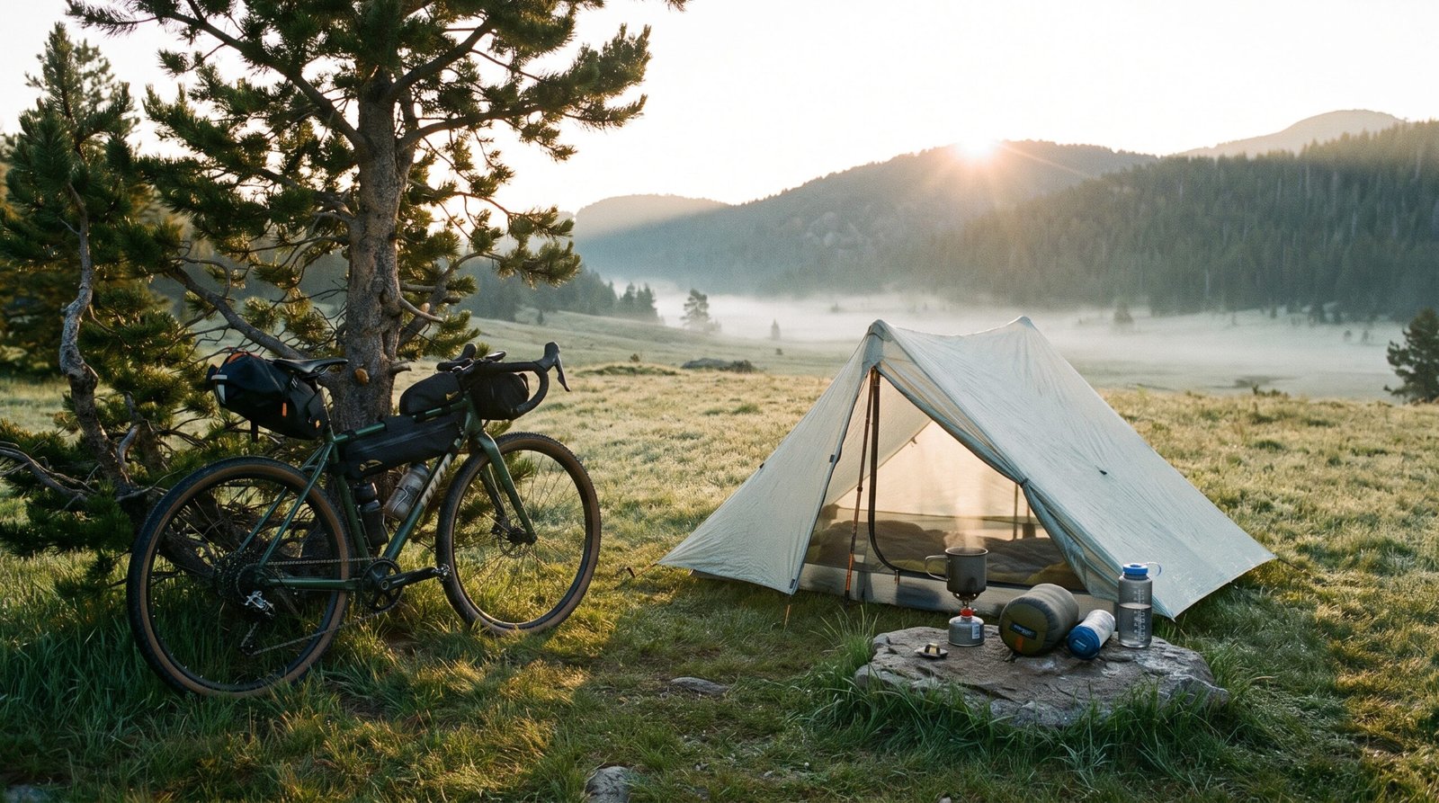 bikepacking camping gear - minimalist campsite at dawn with tent stove and gravel bike in mountain meadow