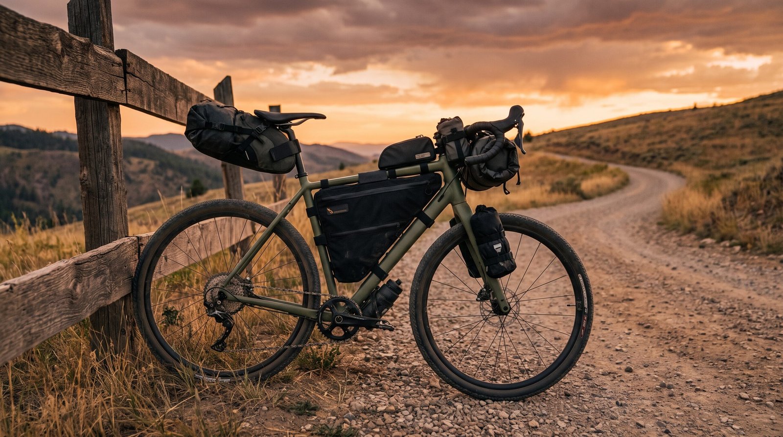 bikepacking bags - fully loaded gravel bike with frame bag handlebar bag and saddle bag on mountain trail