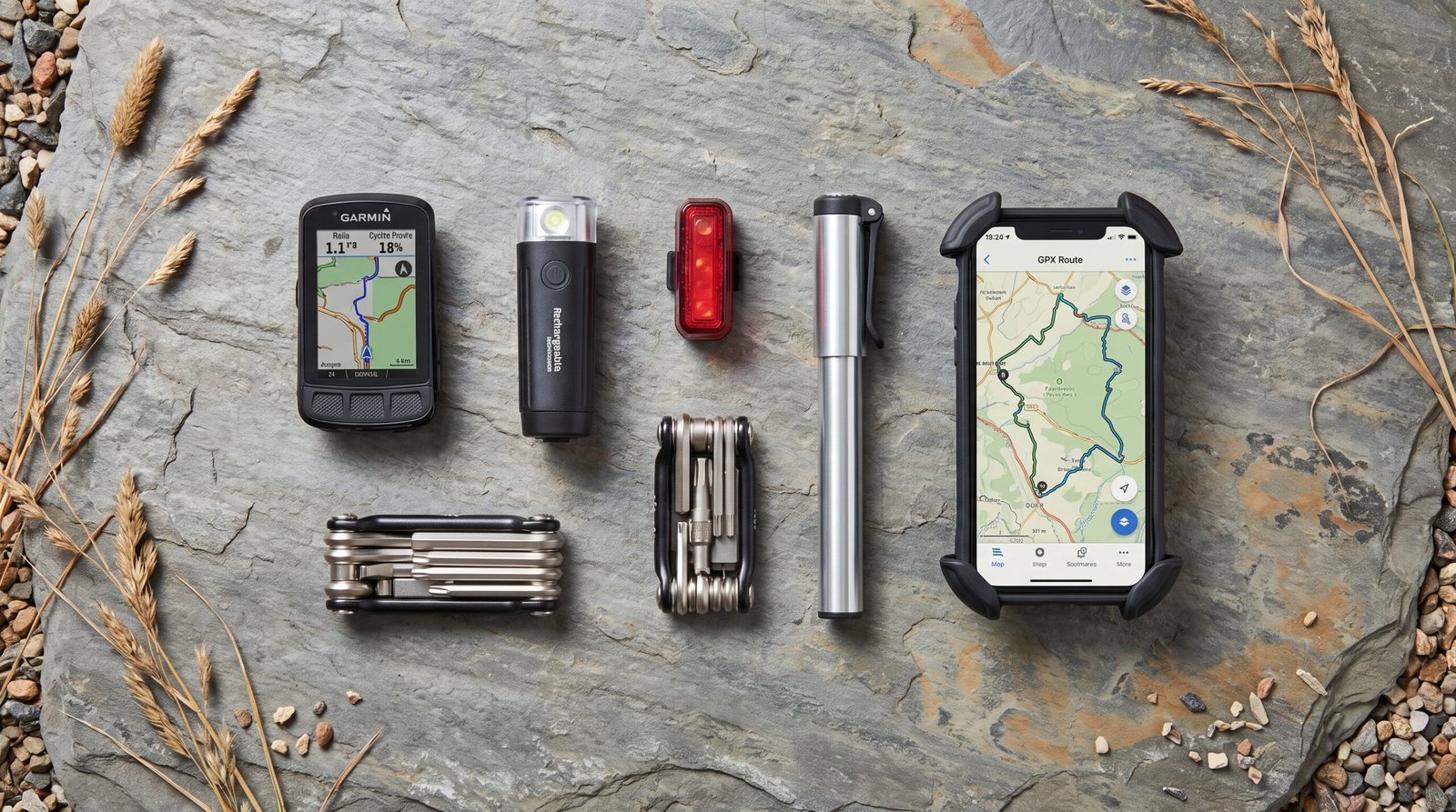 bikepacking essentials - GPS computer front light rear light multi-tool pump and phone mount flat lay