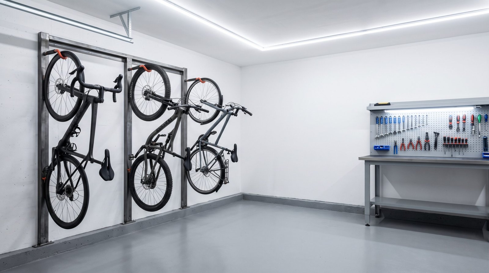 garage bike storage ideas - bikes stored on wall rack in modern clean garage