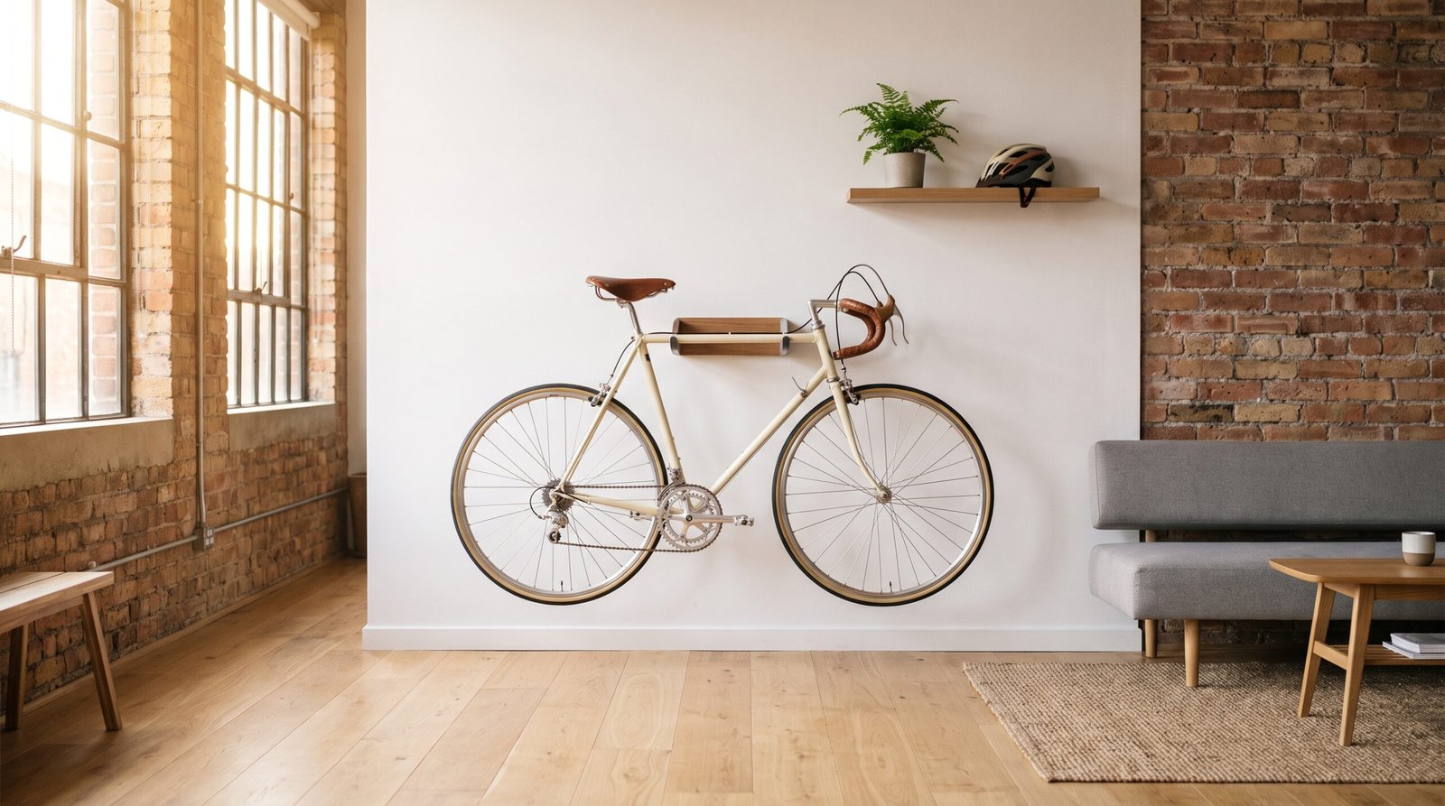 indoor bike storage ideas - road bike mounted on wall in stylish apartment