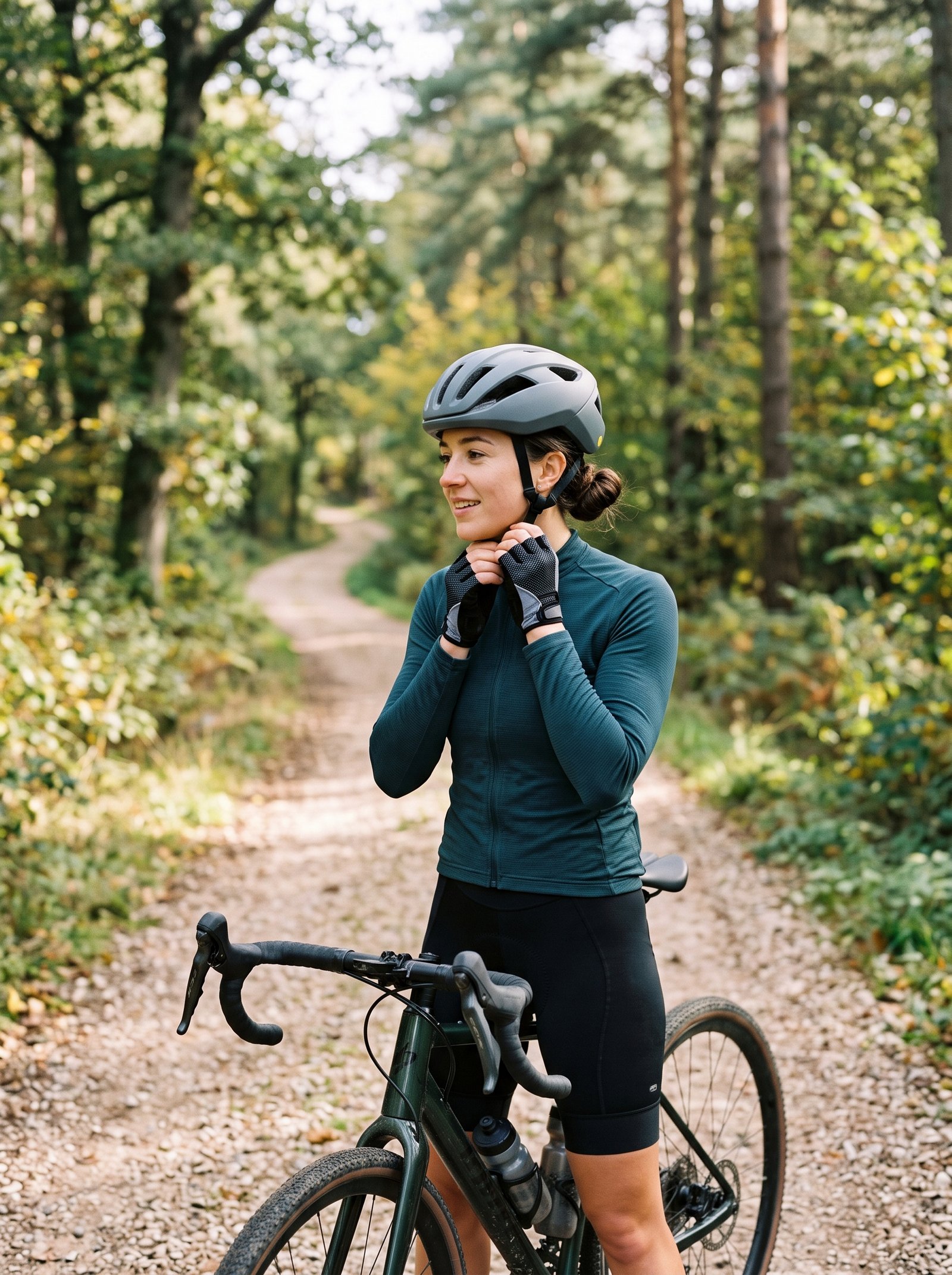 Cyclist adjusting her helmet over a moisture-wicking headband on a gravel trail