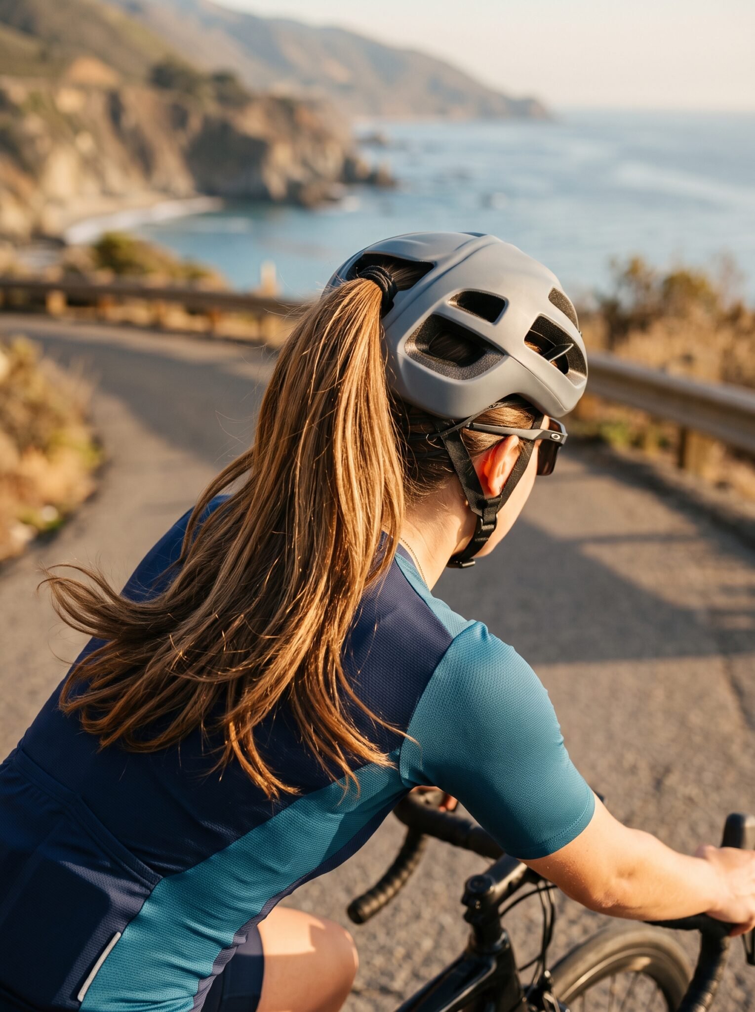 Woman cyclist with a low ponytail cycling hairstyle riding along a sunlit coastal road