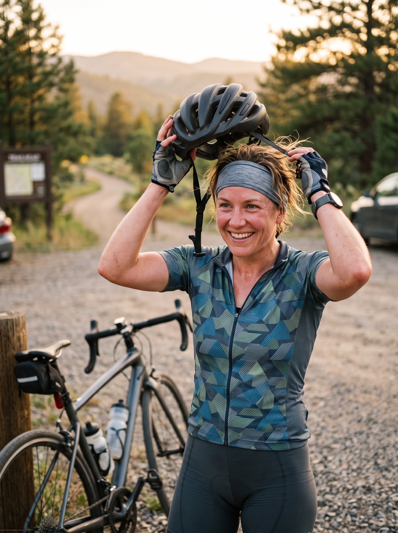 Woman removing her helmet after a ride, headband keeping her cycling hairstyle in place
