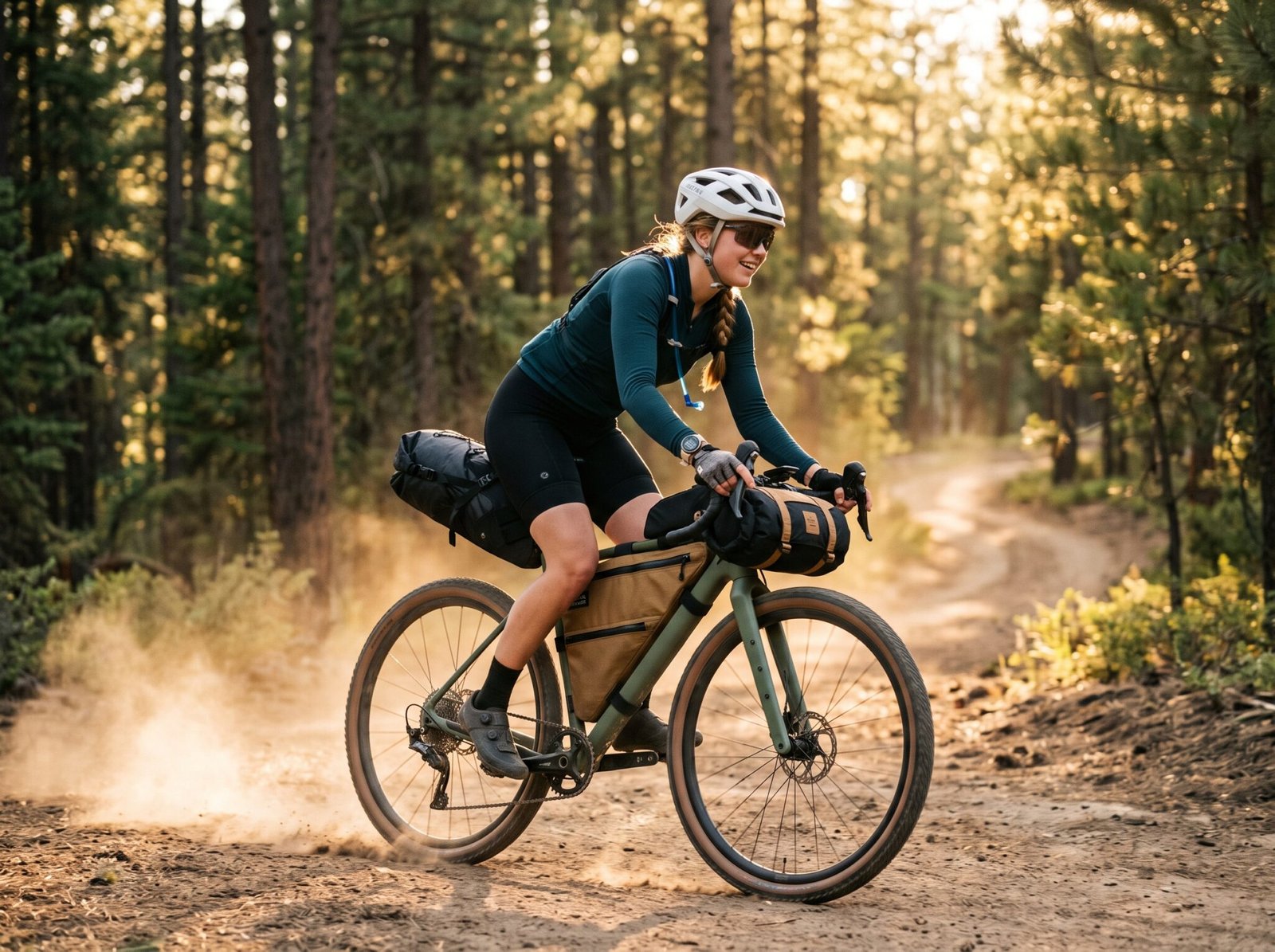 Woman testing bikepacking gear on a loaded gravel bike along a dusty forest trail at golden hour