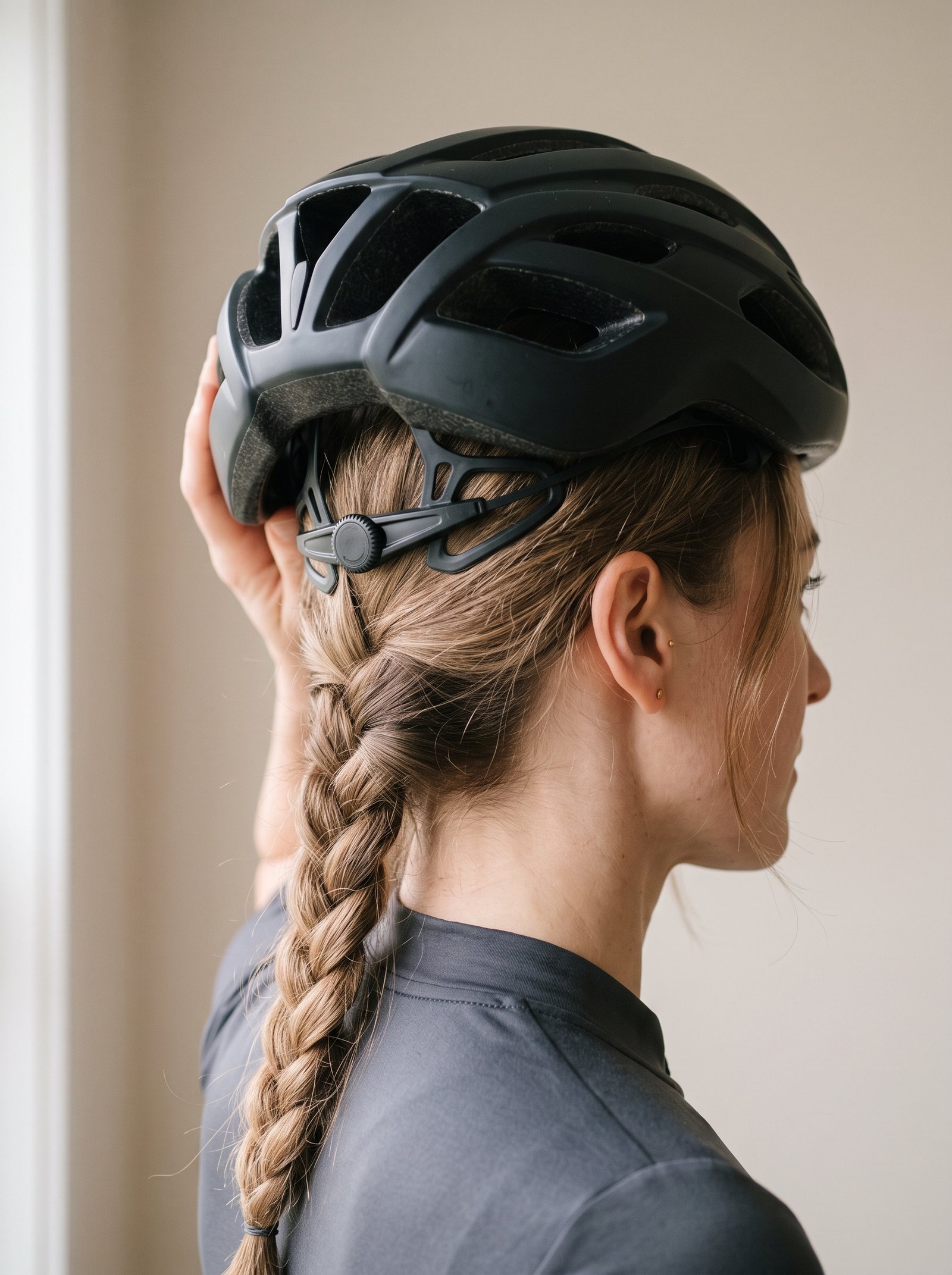 Close-up of a low braid cycling hairstyle secured under a bike helmet