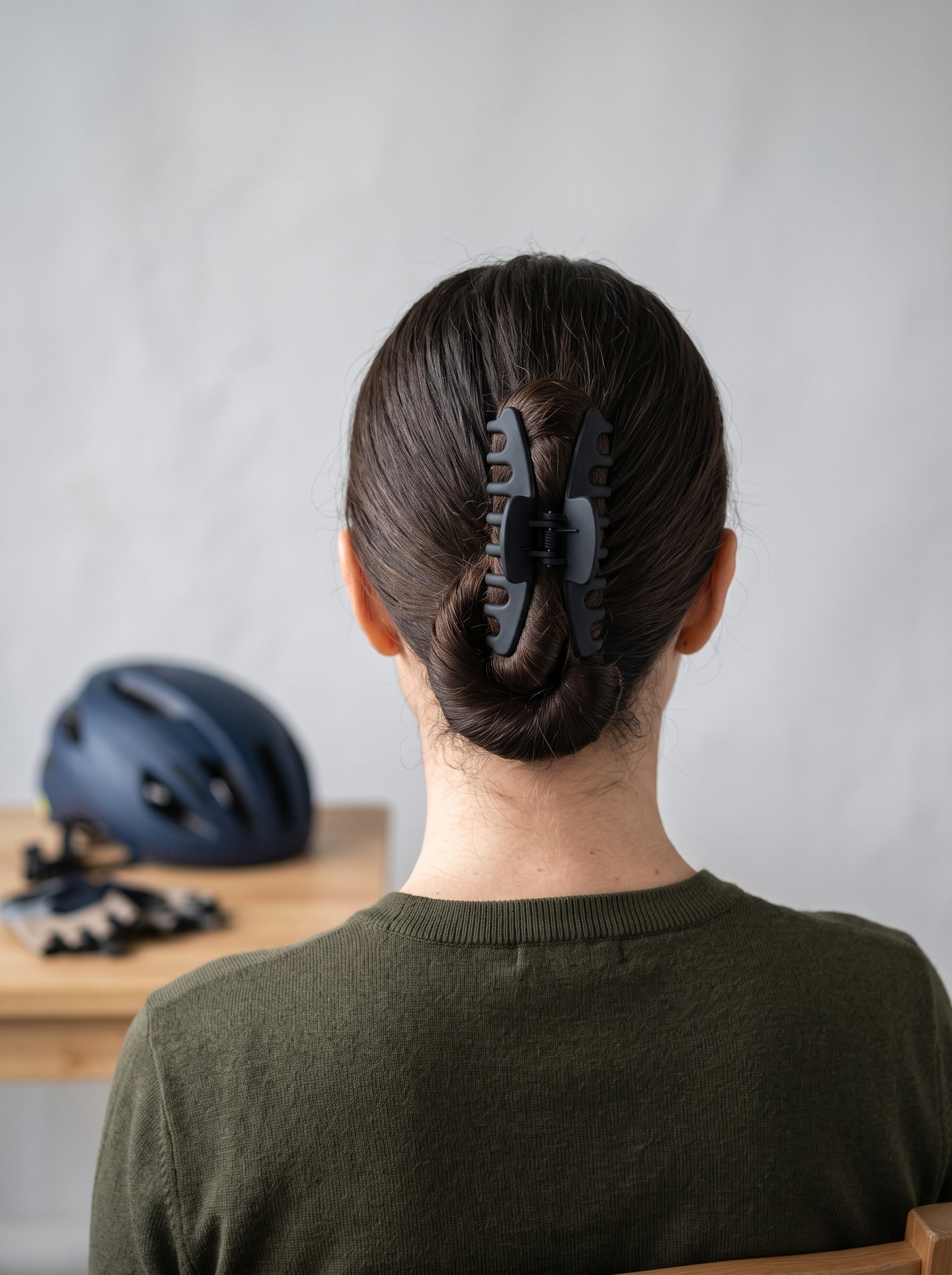 Low bun cycling hairstyle secured with a large non-slip claw clip