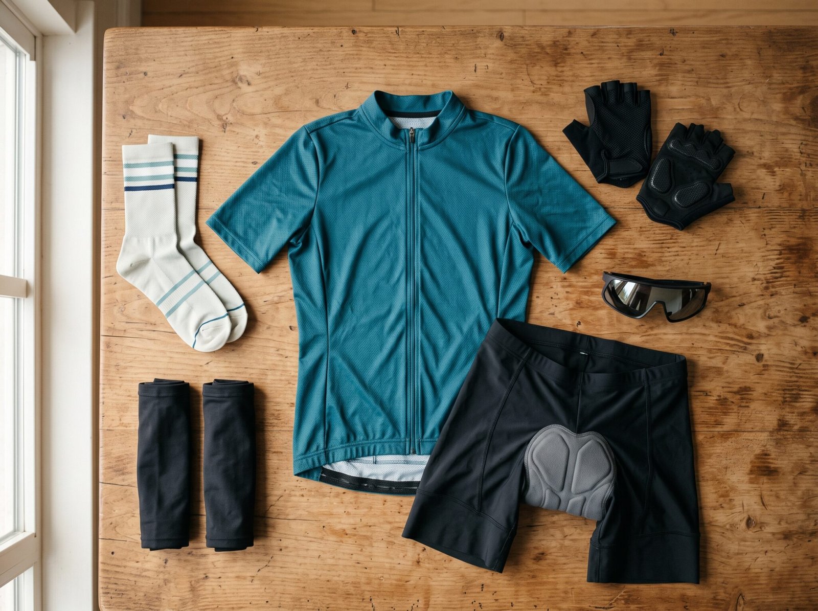 Affordable women's cycling gear flat lay — jersey, padded shorts, gloves, sunglasses, socks and arm warmers