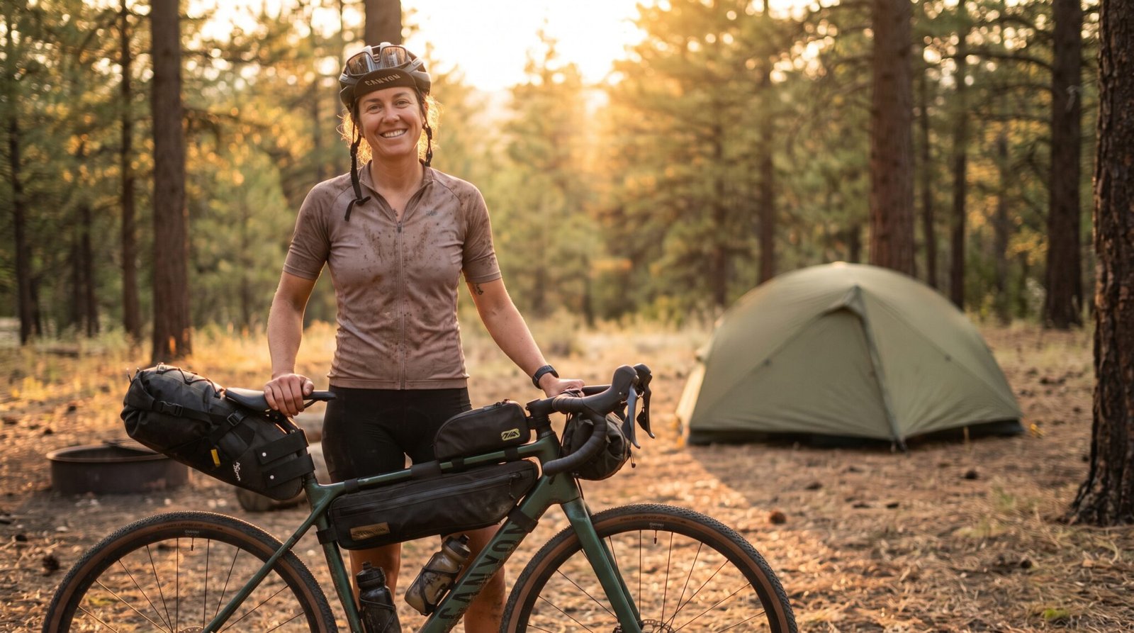 Cyclist smiling beside her loaded gravel bike at a forest campsite, having learned from a few bikepacking mistakes along the way