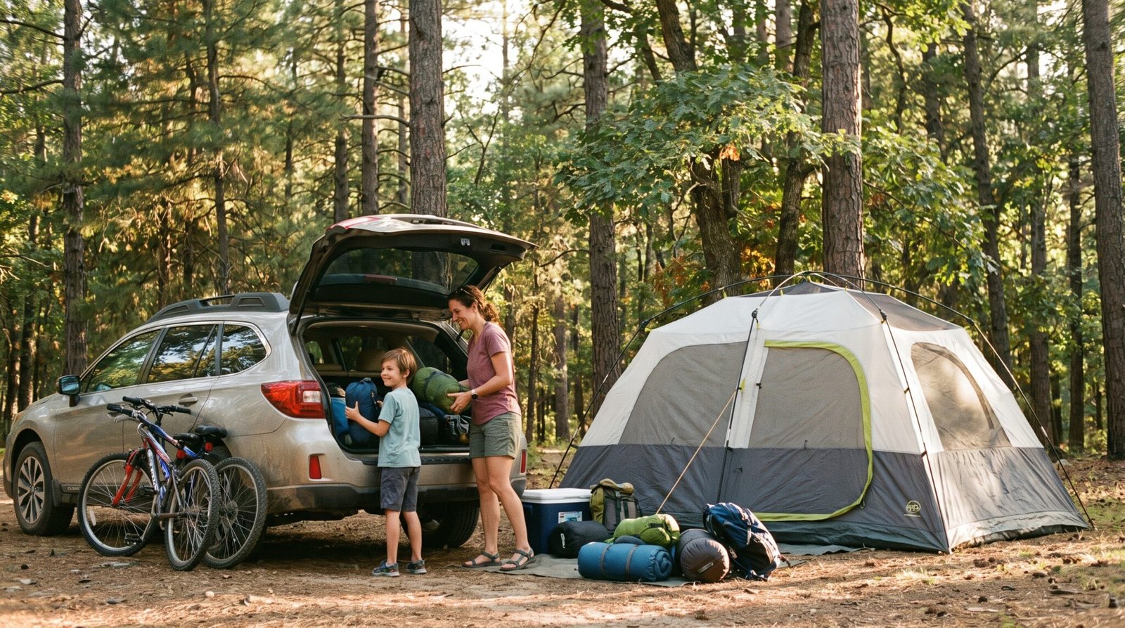 Family unpacking gear at a campsite on a family bike camping trip, bikes on a car rack and tent set up nearby