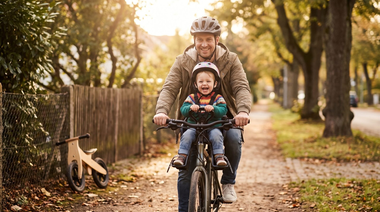 Biking with a toddler using a front-mount child bike seat and balance bike
