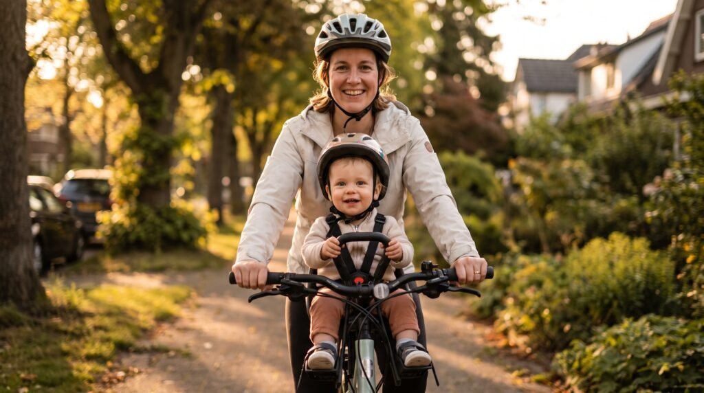 Woman riding a bike with her toddler in a front-mount child bike seat, both wearing helmets