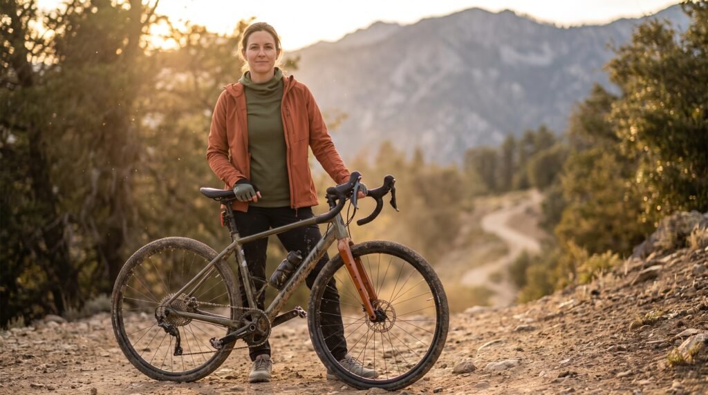 Woman wearing a hiking and biking outfit with a terra cotta jacket, standing beside her gravel bike on a mountain trail