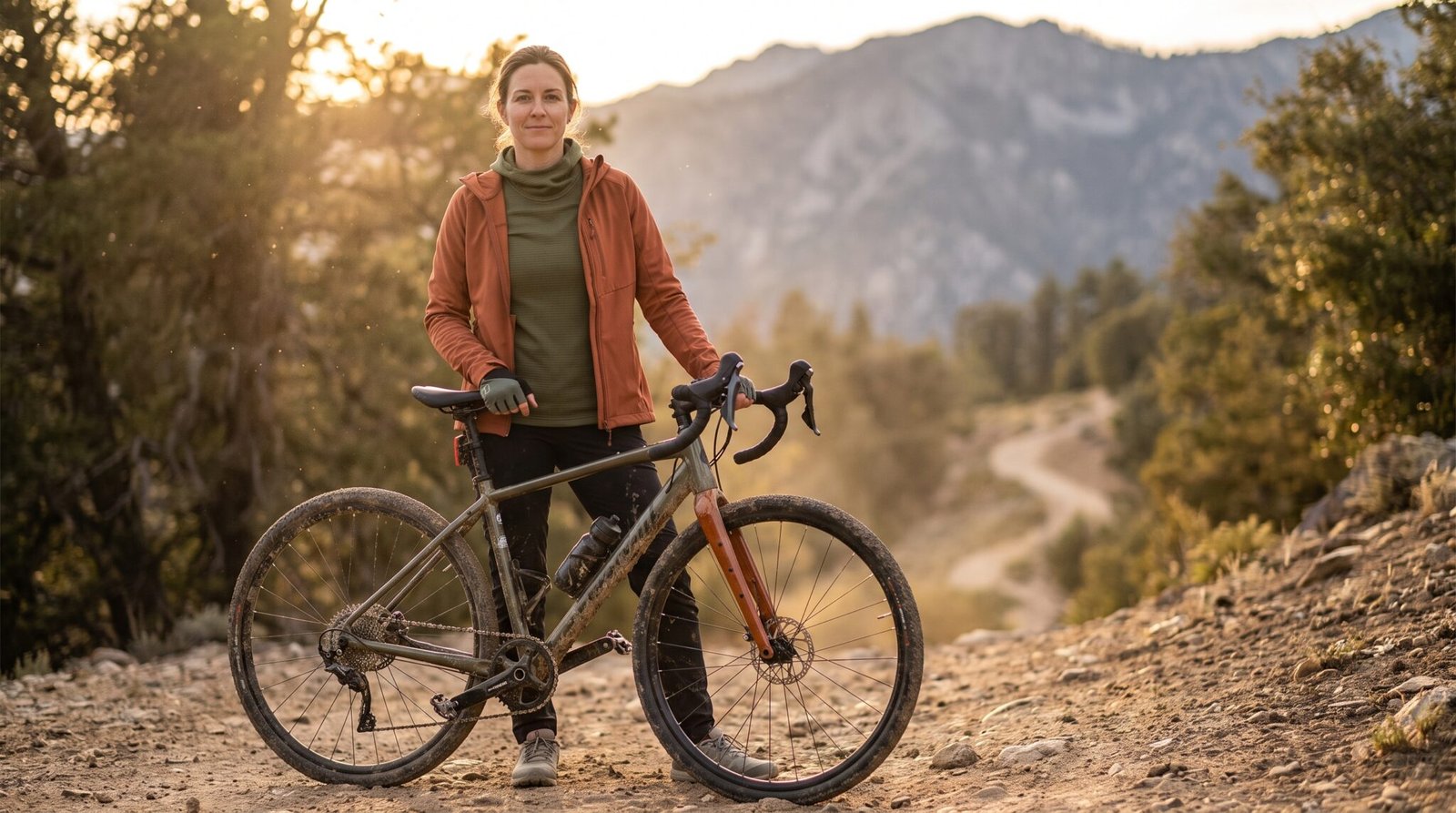 Woman wearing a hiking and biking outfit with a terra cotta jacket, standing beside her gravel bike on a mountain trail