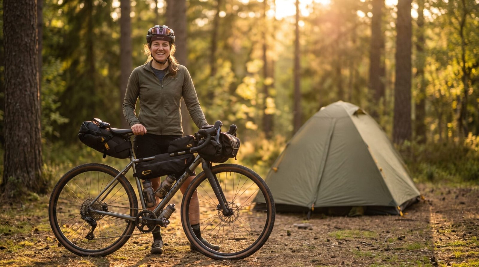 Woman smiling beside her loaded gravel bike with a tent pitched behind her, ready to start bikepacking for the first time